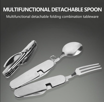 4-in-1 Stainless Steel Travel/Camping Folding Multi Swiss Cutlery Set