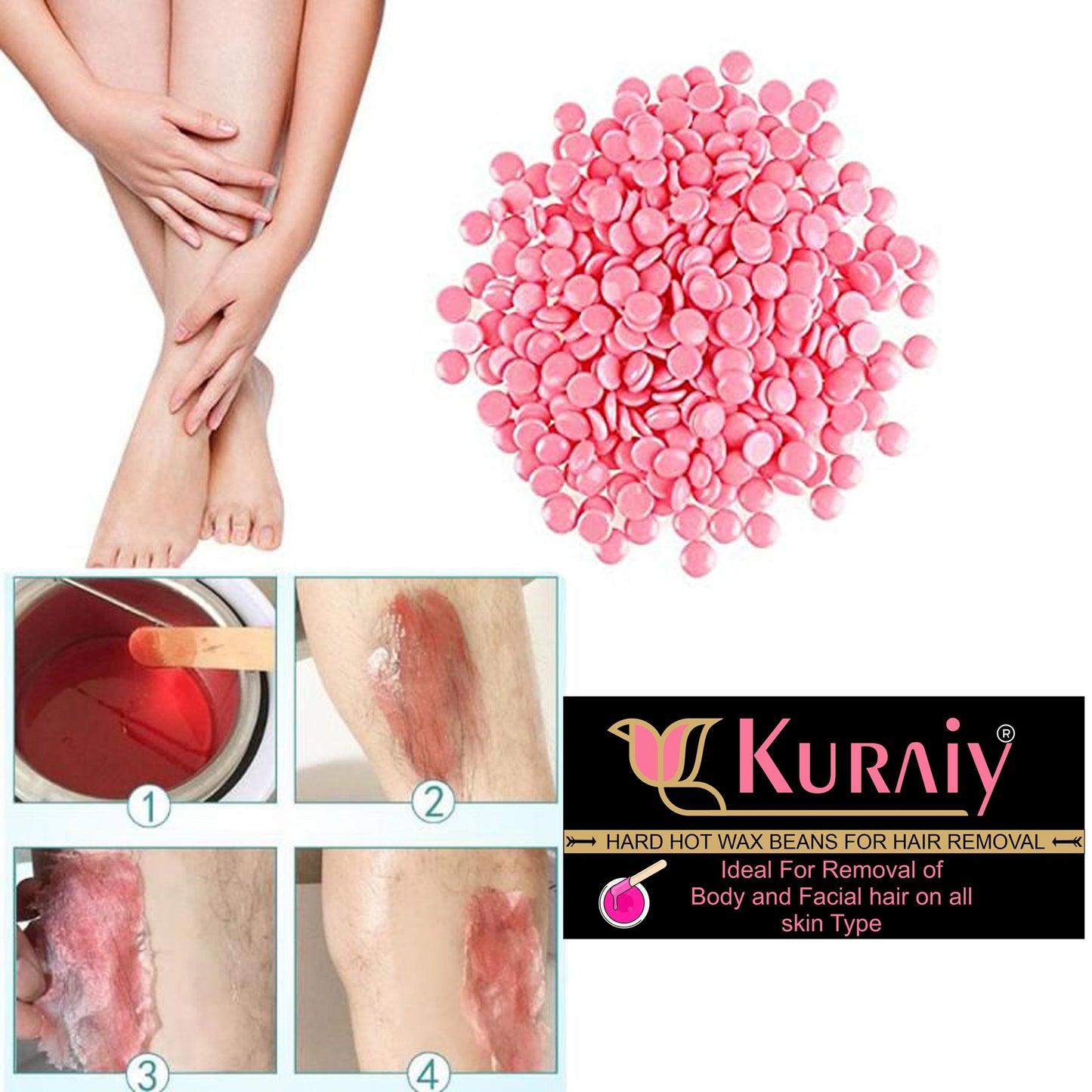 KURAIY� Hair Removal Hot Hard Body Wax Beans (50Gm) for Face, Arm, Legs, Bum and whole Body For Men and Women Suitable for All Skin Types with Steel Spatula