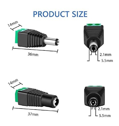 10 Pairs DC Power Jack Plug Adapter Connector,12V Male +Female 2.1 X 5.5MM DC Power Connector Terminal Barrel Connector for CCTV Camera/Led Strip Light,DVR,Car Rearview Monitor System