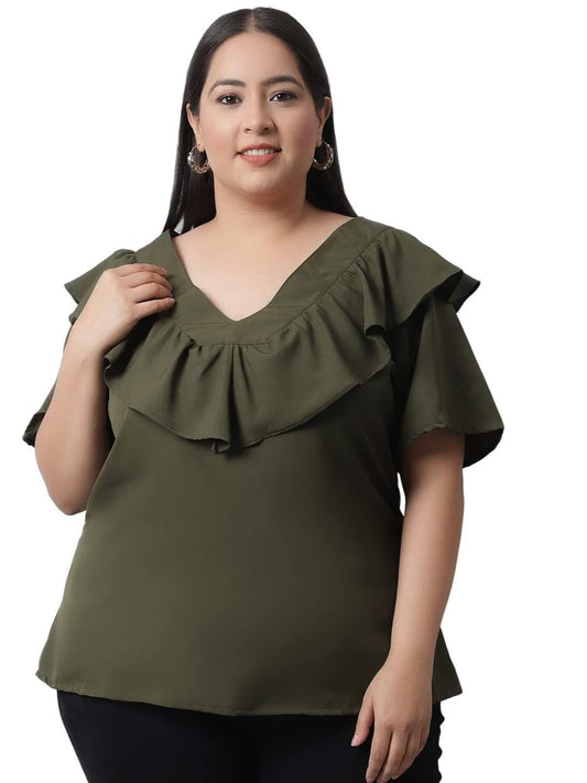 Flambeur Women's Plus Size Solid Olive Half Sleeve Top