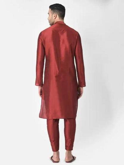 AHBABI Men's Solid Dupion Silk Kurta Pyjama Set Red