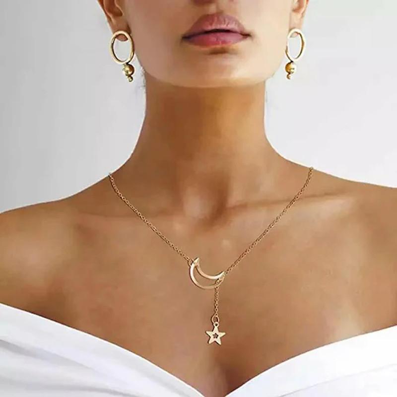 Fashion Moon Droping Star Pendant Necklace Gold-plated Plated Alloy Chain
