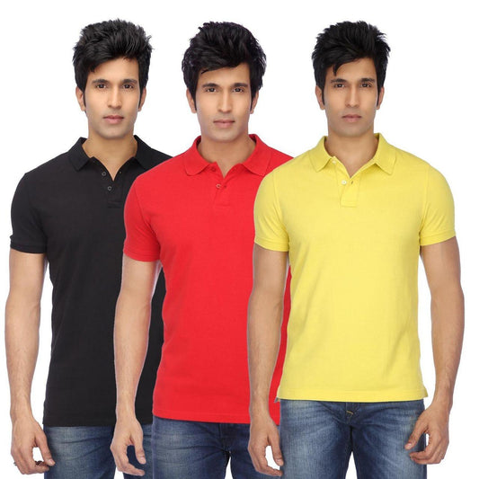 Cotton Blend Solid Half Sleeves Mens Polo Neck T-Shirt (Pack of 3)