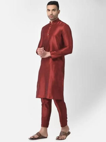 AHBABI Men's Solid Dupion Silk Kurta Pyjama Set Red