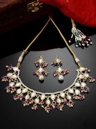 Karatcart vergoldetes Kundan-Halskettenset mit rosa und violettem Kristall für Damen