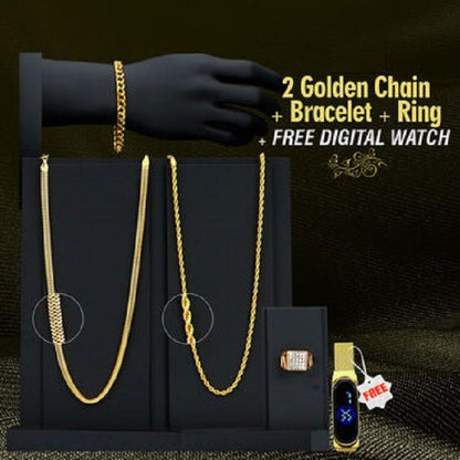 Pack Of 2 Golden Chain With Golden Bracelet And Diamond Ring + Free Digital Watch Combo