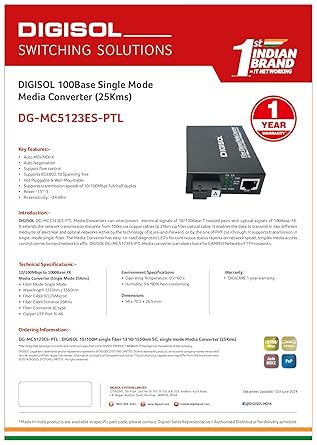 DIGISOL 10/100Mbps SM Media Converter, TX/RX:1310/1550NM,SC Type 20KMS  ( Single Fiber)