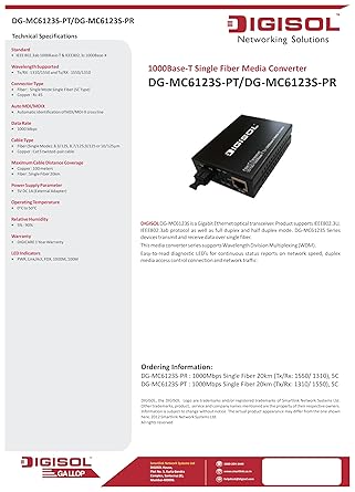 DIGISOL 1000Mbps SM Media ConverterTX,RX:1550,1310NM SC Type (20KM)  ( Single Fiber)