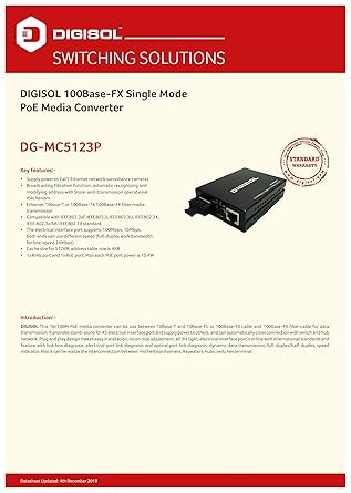 DIGISOL 10/100Mbps to 100Base-Fx PoE Media Converter (Single Mode 20Kms)