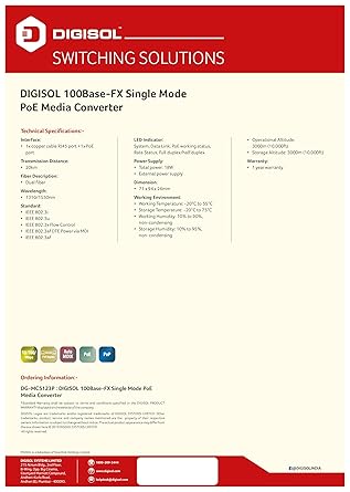 DIGISOL 10/100Mbps to 100Base-Fx PoE Media Converter (Single Mode 20Kms)