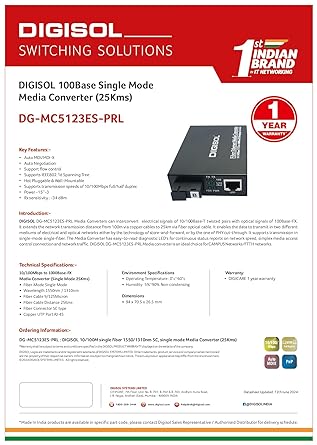 DIGISOL 10/100Mbps to 100Base-Fx Media Converter (Single Mode 20Kms)  ( Dual Fiber )