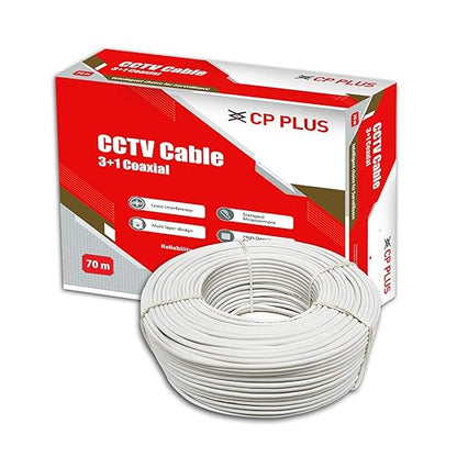 CP PLUS 3+1 Coaxial Pure Copper CCTV Camera Standard Cable for Security and Surveillance | Solid Annealed Bare Copper Conductor | Video, Power and Audio Communication (90 yards) White - CP-ECC-70R