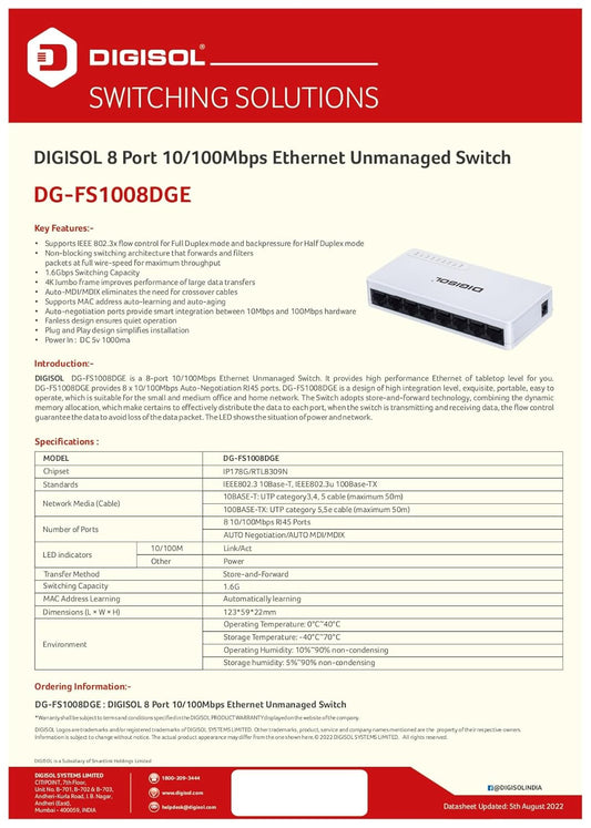 DIGISOL   8 Port  Fast Eth Unmanaged PoE Switch with 6KV surge protection