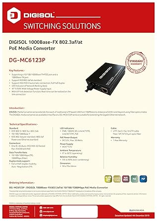 DIGISOL1000Base-Lx to 1000Base-T PoE Media Converter (Single mode 20Kms)