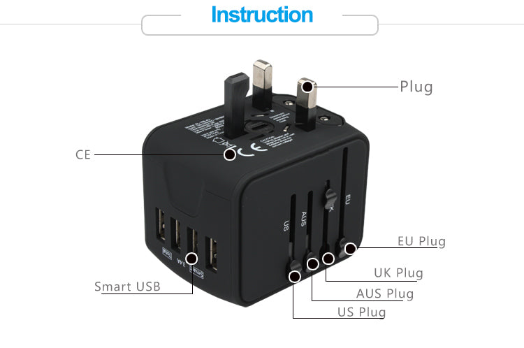 Universal International Power Adapter with 3 USB Port and Type-C