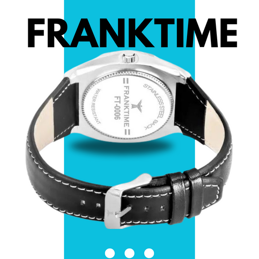 FrankTime's rundes Analog-Armbanduhr mit weißem Zifferblatt und schwarzem Quarzwerk für Herren 