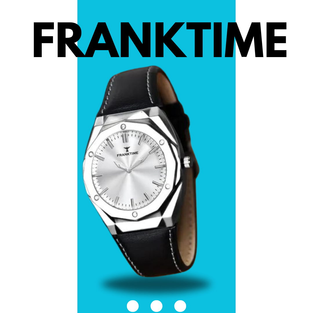फ्रैंकटाइम की सफ़ेद डायल वाली ठोस काली क्वार्ट्ज़ गोल एनालॉग घड़ी पुरुषों के लिए 