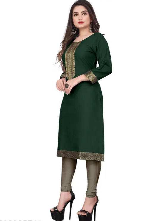 Desigener Kurtis New Collection Plain Cotton Golden Lace Border Pattern Casual Kurta for Girls & Women