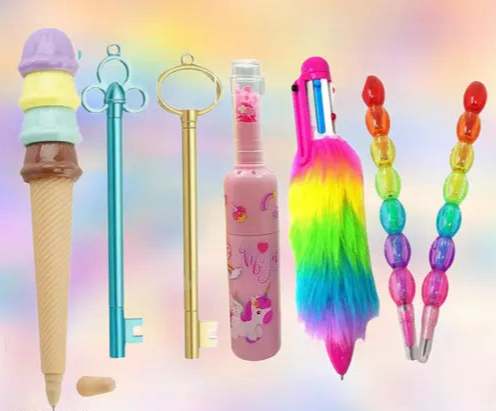Cute pens combo of icecream pen, 2 key pen, unicorn highlighter,6in1 fur pen with 2 Rainbow pencil for birthday return gift