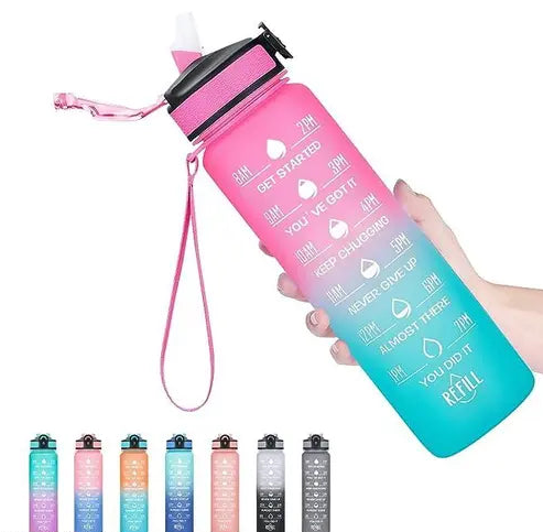 Water Bottle with Times to Drink and Straw, Motivational Time Marker Water Bottles with Strap, Leakproof & BPA Free, 1 Liter Reusable Sports Water Bottle for Fitness, Gym & Outdoors, (Multicolor)