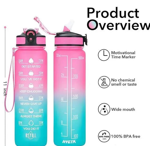 Wasserflasche mit Trinkzeiten und Strohhalm, motivierende Wasserflaschen mit Zeitmarkierung und Riemen, auslaufsicher und BPA-frei, 1 Liter wiederverwendbare Sport-Wasserflasche für Fitness, Fitnessstudio und Outdoor, (mehrfarbig) 