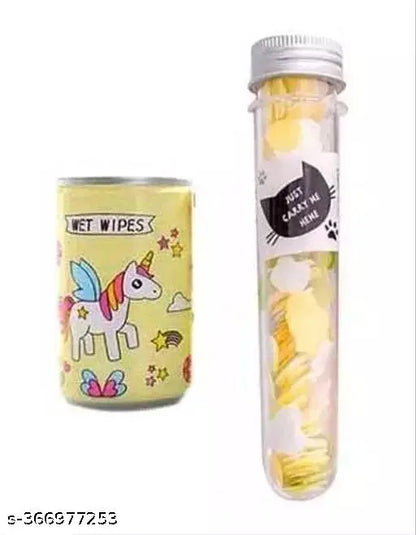 Combo of 1 Unicorn Cartoon Print Wet Wipes Tissue Can with 1 Tube shaped Paper Soap Bottle Portable Travel Soap (Color may vary) (Pack of 2)