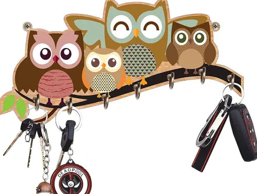 Wooden Key Holder for Home | Wall Stylish Key Stand | Key Hanger | Key Chain Holders for Wall with 7 Key Hooks (Multicolor) (Owl)