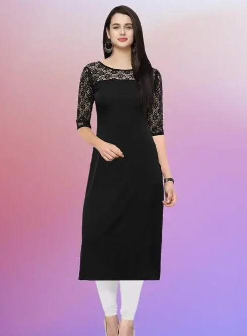 Casual American Crepe And Net Round-Neck 3/4 Length Sleeves Black Kurti (42"Inches)