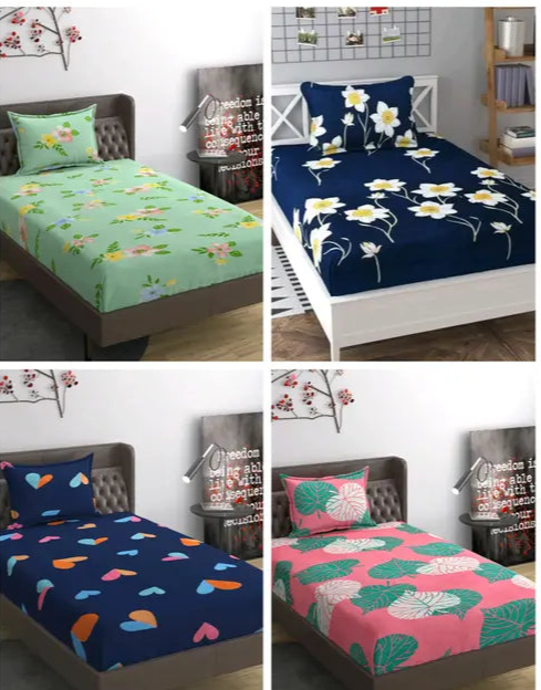 Combo Of 4 Single Bed sheet with 4 Pillow coverCombo Of 4 Single Bed sheet with 4 Pillow cover