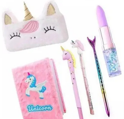Stationery items combo of unicorn fur diary, unicorn fur pouch, unicorn pen, unicorn pencil, mermaid fish pen, lipstick water pen for kids birthday return gift