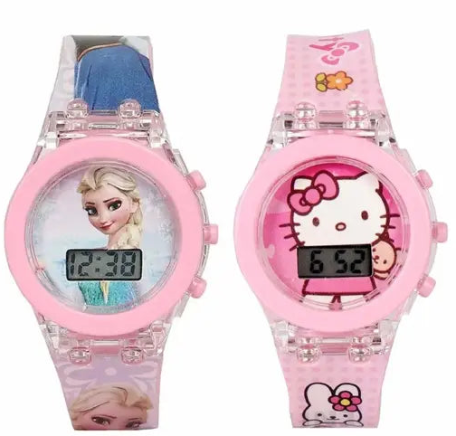 Glowing Kids Pink princess and hello kitty Rubber Digital Watch (Combo of 2)