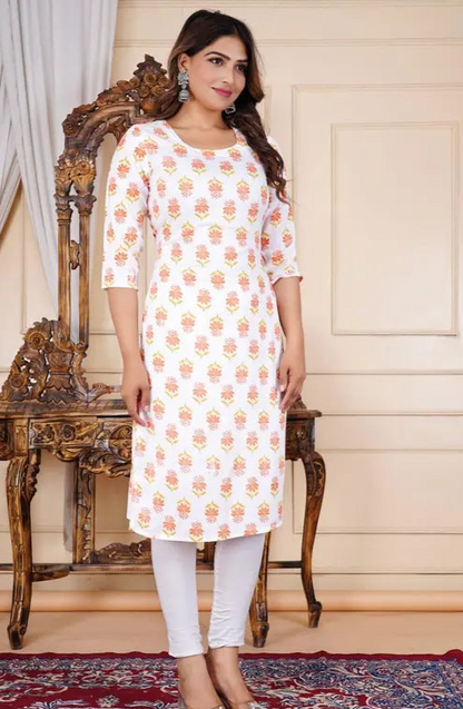 Yellow Printed Rayon Kurti