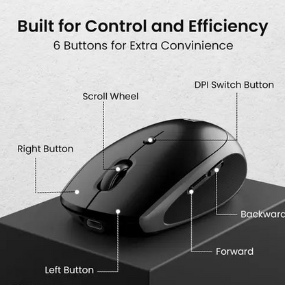 Portronics Toad III Wireless Mouse with Bluetooth & 2.4 GHz Dual Connectivity, Rechargeable, 6 Buttons, Adjustable DPI, Silicon Grip & Ergonomic Design for PC, Laptop, Mac (Black)