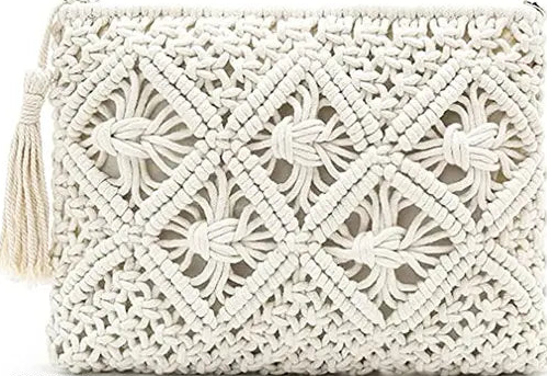 THE TOP KNOTT Crochet Tassel Handbag Straw Envelope Clutch Bag Cotton Macrame Purse Hobo Hand-Woven Beach Wristlet Bag with Zipper