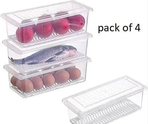 Plastic Fridge Organizers Storage Box Container Kitchen Freezer Food Basket, Vegetables, Fruits, Fish, Meat, Egg, Dry Fruit, Airtight Lid, Multi Uses 1500ML (4 pcs