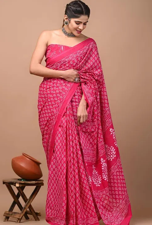 THE FAMILIAR Jaipuri , bagru , sanganeri Hand Printed cotton mulmul saree , cotton malmal saree , cotton saree with pompom lace. with blouse piece for woman