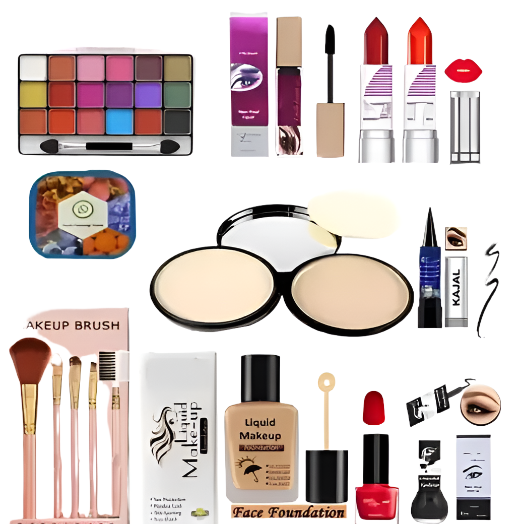 Unique Makeup kit combo for Girls and Women Brush Set, Eyeshadow, 2 Lipstick Random Shade, Mascara,Kajal, Foundation, Tissue, Compact, 1 Nailpaint Random Shade, Total 10 Items in this combo
