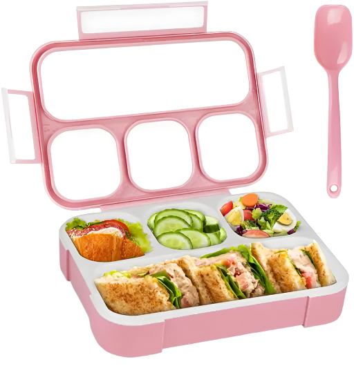 JASODANANDAN Leak Proof 4 Compartment Lunch Box Reusable Microwave Freezer Safe Food Containers with Spoon for Adults and Kids (1Pc - Multicolor)