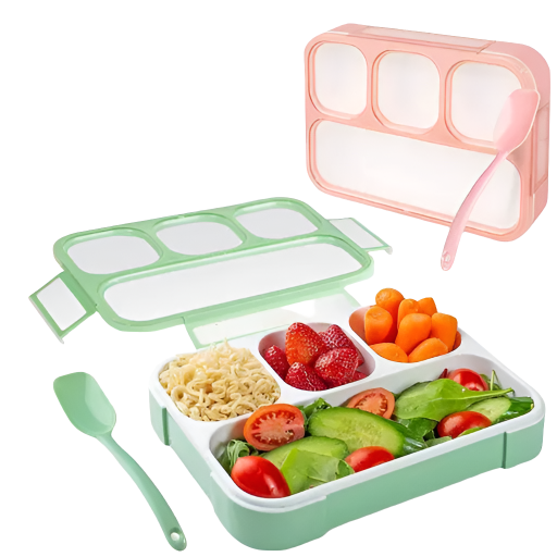 JASODANANDAN Leak Proof 4 Compartment Lunch Box Reusable Microwave Freezer Safe Food Containers with Spoon for Adults and Kids (1Pc - Multicolor)