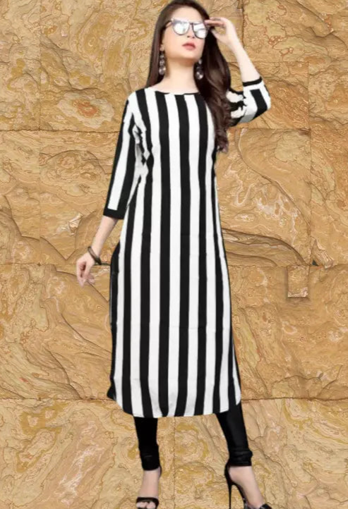 Printed American Crepe Stylish Three Quarter sleeves A-Line Black Strips Kurti (42" Inches)