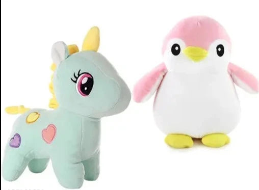 1 Pcs Green Unicorn And 1 Pcs Pink Penguin Attractive Soft Toys Best Gift For Valentine Day, Kids Birthday, Marriage Anniversary Gift ( Green Unicorn - 25 Cm And Penguin - 25 Cm )
